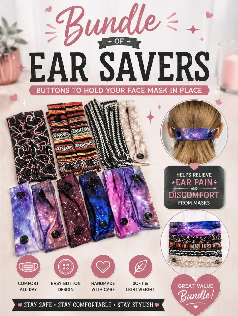 10 Piece Ear Savers Bundle - All Have Buttons To Hold Your Face Mask In Place!